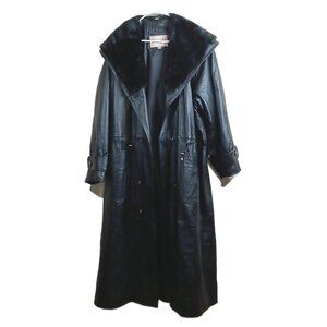 Donna Pelle Leather Trench Coat Womens Large Black Faux Fur-Lined Hood Y2K Long